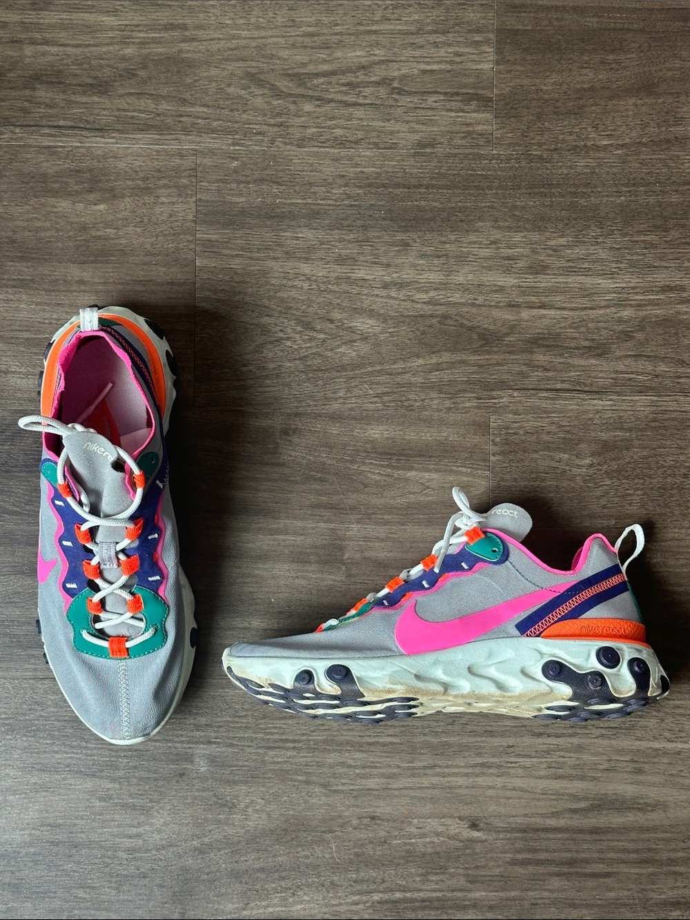 Nike React Element 55 in the "Wolf Grey/Laser Fuchsia-Hyper Crimson
